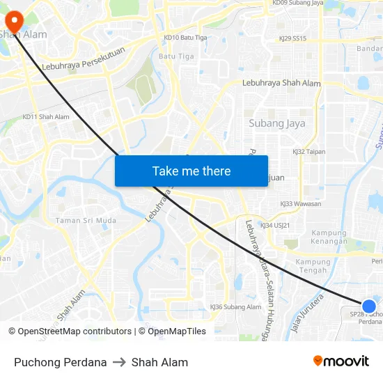 Puchong Perdana to Shah Alam map