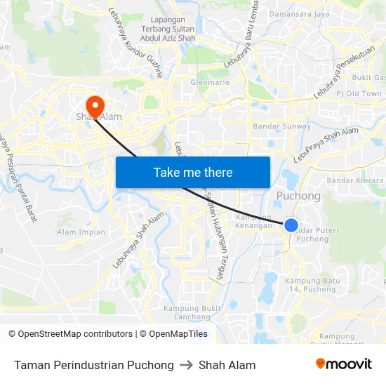 Taman Perindustrian Puchong to Shah Alam map