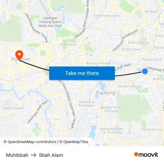 Muhibbah to Shah Alam map