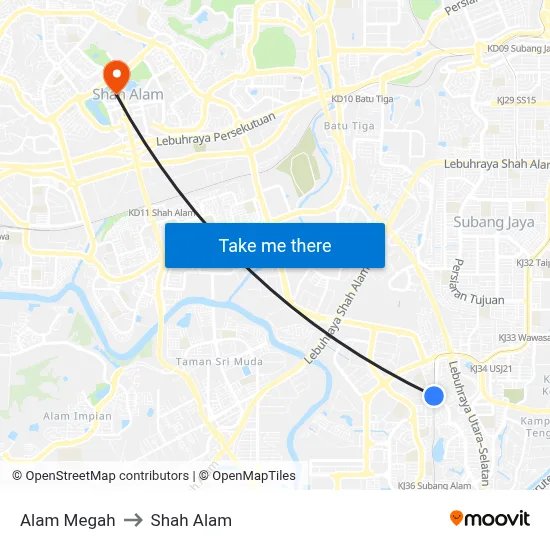 Alam Megah to Shah Alam map