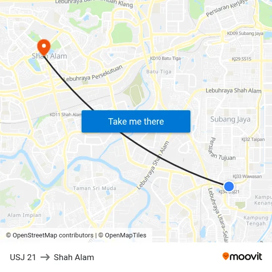 USJ 21 to Shah Alam map