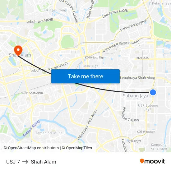 USJ 7 to Shah Alam map