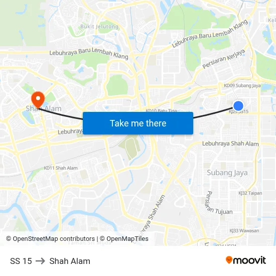 SS 15 to Shah Alam map