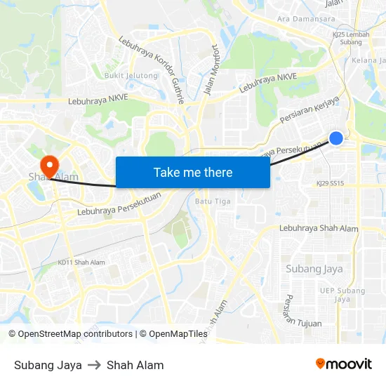 Subang Jaya to Shah Alam map