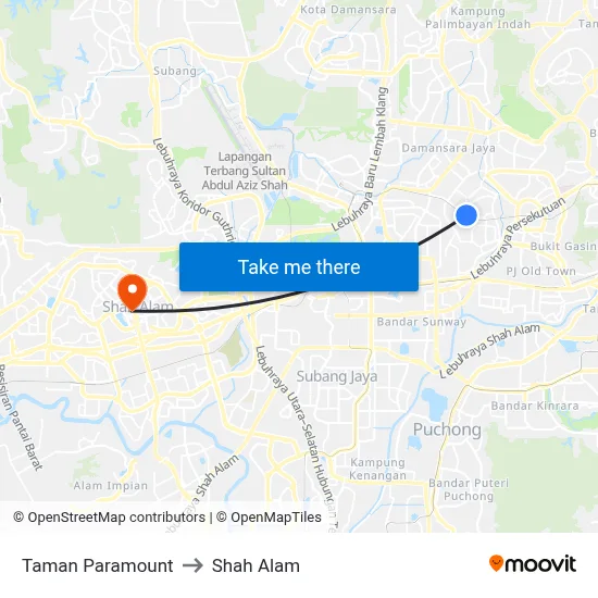 Taman Paramount to Shah Alam map