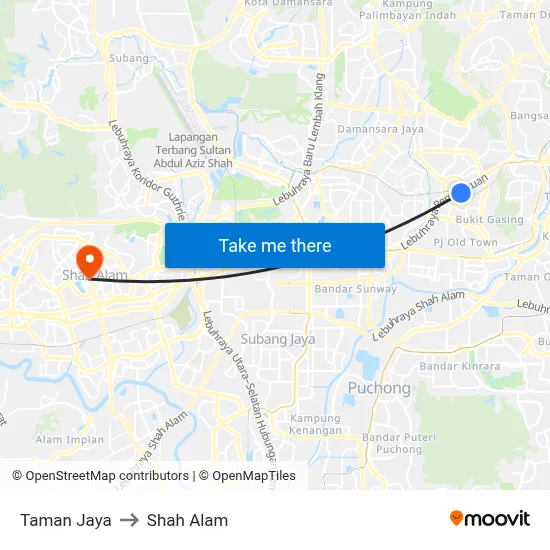 Taman Jaya to Shah Alam map