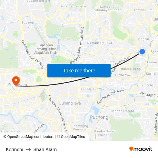 Kerinchi to Shah Alam map