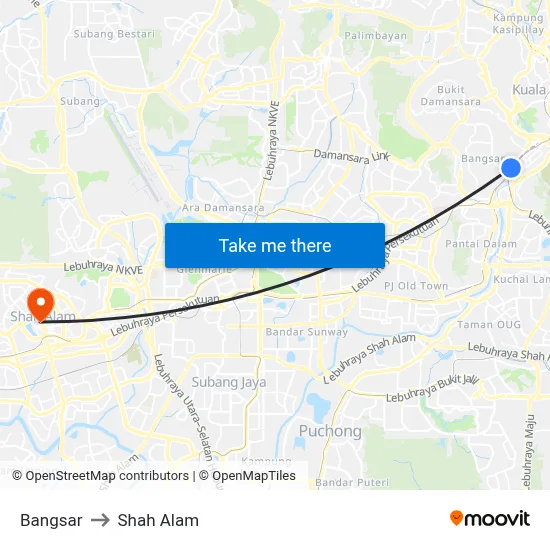 Bangsar to Shah Alam map