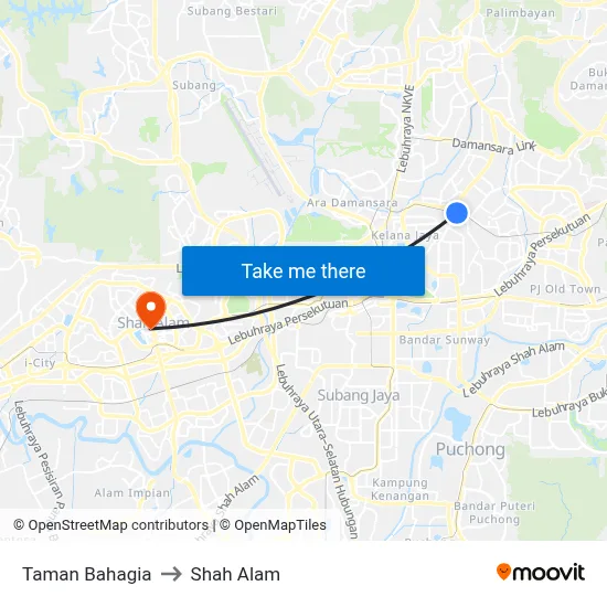 Taman Bahagia to Shah Alam map