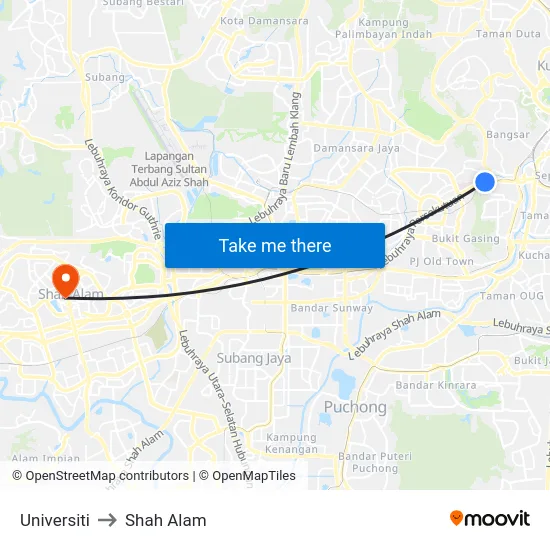 Universiti to Shah Alam map