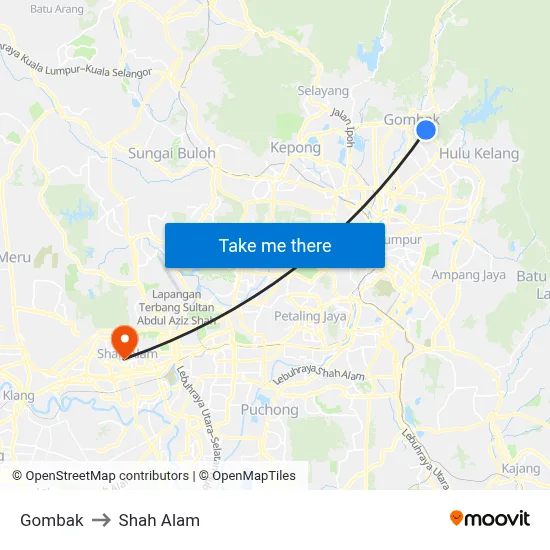 Gombak to Shah Alam map