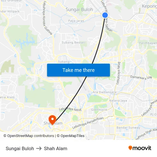 Sungai Buloh to Shah Alam map