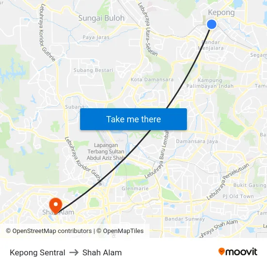 Kepong Sentral to Shah Alam map