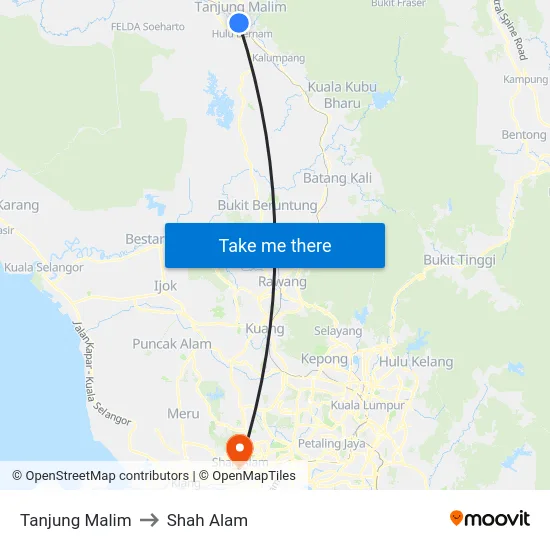 Tanjung Malim to Shah Alam map