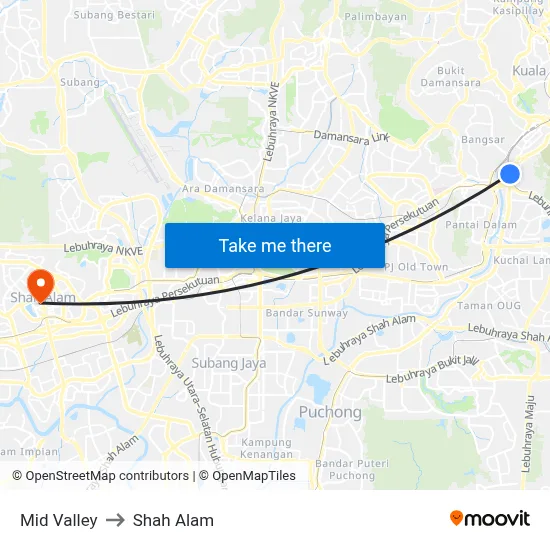 Mid Valley to Shah Alam map