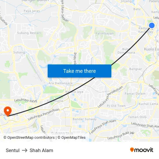 Sentul to Shah Alam map