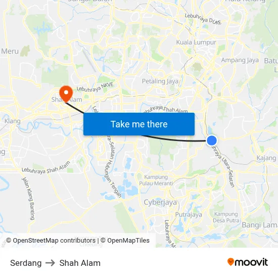 Serdang to Shah Alam map