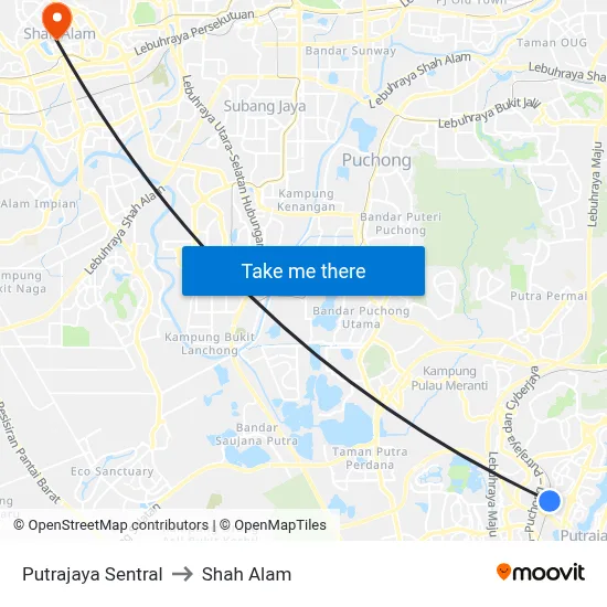 Putrajaya Sentral to Shah Alam map
