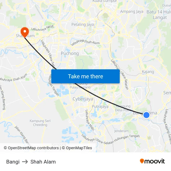 Bangi to Shah Alam map