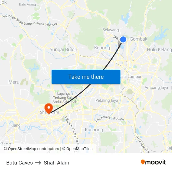 Batu Caves to Shah Alam map