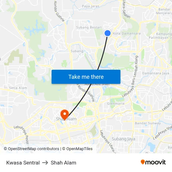 Kwasa Sentral to Shah Alam map