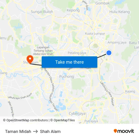 Taman Midah to Shah Alam map