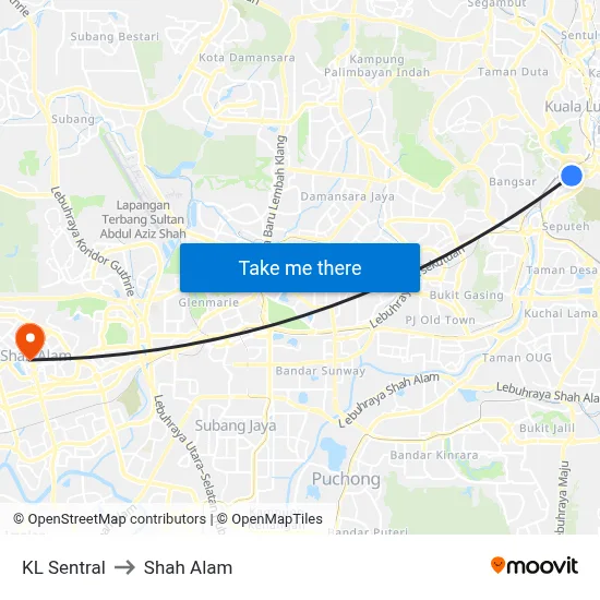 KL Sentral to Shah Alam map