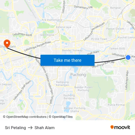 Sri Petaling to Shah Alam map