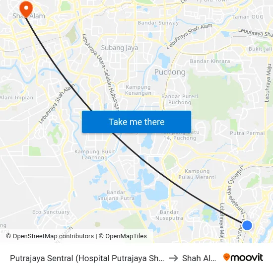 Putrajaya Sentral (Hospital Putrajaya Shuttle) to Shah Alam map