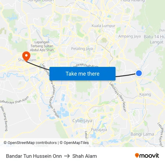 Bandar Tun Hussein Onn to Shah Alam map