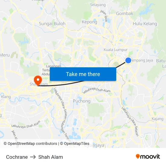 Cochrane to Shah Alam map