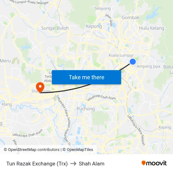 Tun Razak Exchange (Trx) to Shah Alam map