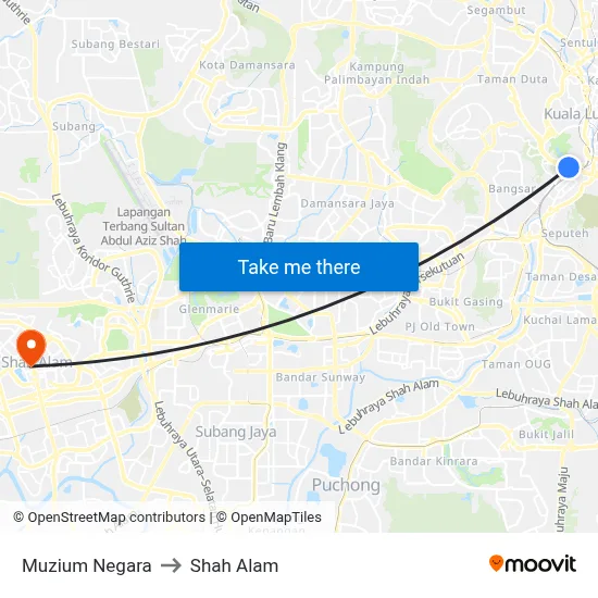 Muzium Negara to Shah Alam map