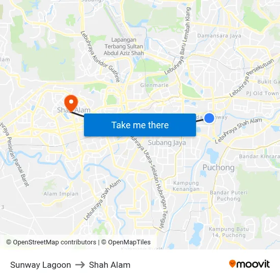 Sunway Lagoon to Shah Alam map