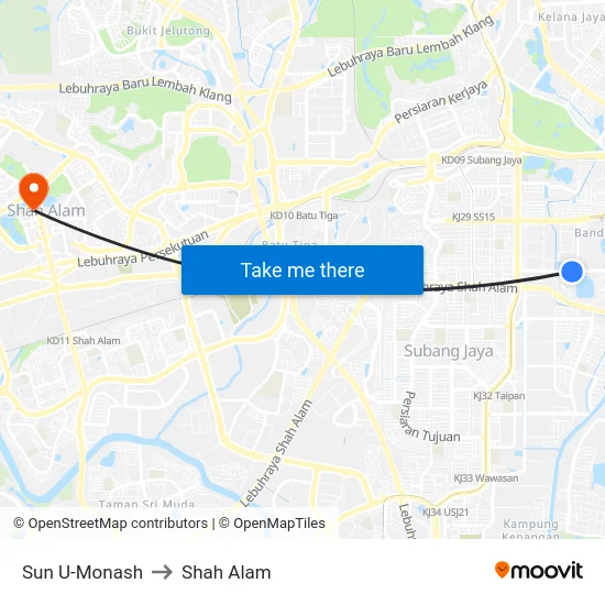 Sun U-Monash to Shah Alam map