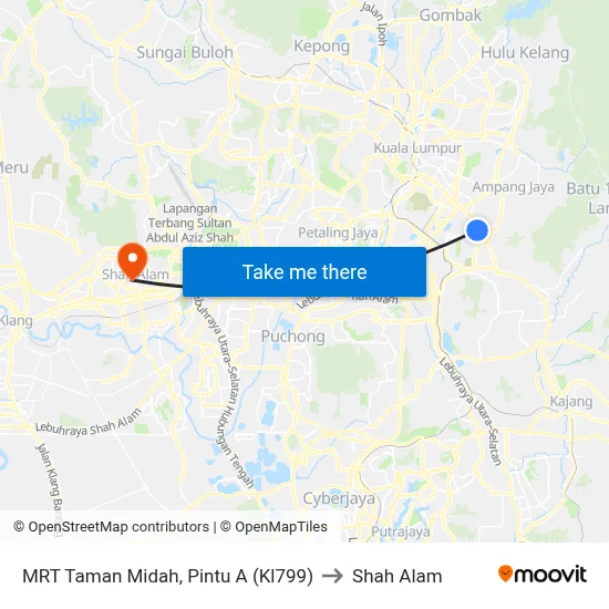 MRT Taman Midah, Pintu A (Kl799) to Shah Alam map
