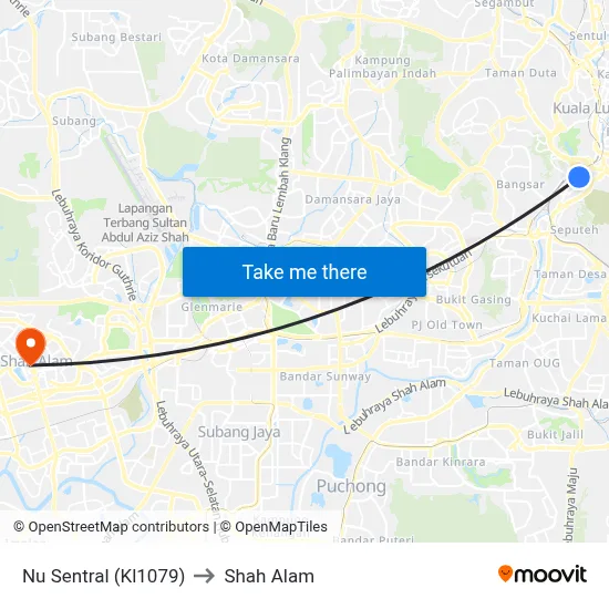 Nu Sentral (Kl1079) to Shah Alam map