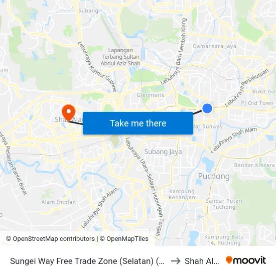 Sungei Way Free Trade Zone (Selatan) (Pj744) to Shah Alam map