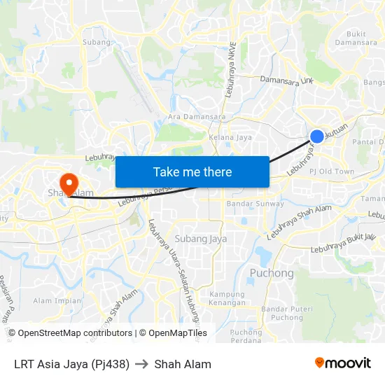LRT Asia Jaya (Pj438) to Shah Alam map