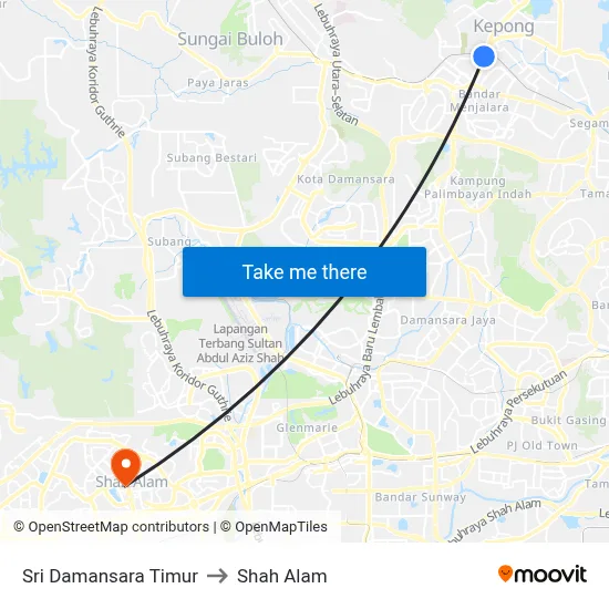 Sri Damansara Timur to Shah Alam map