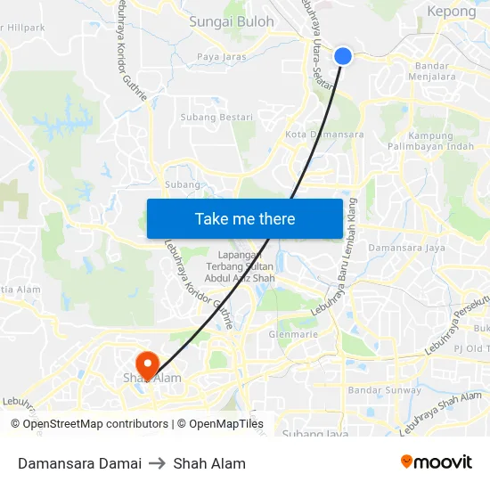 Damansara Damai to Shah Alam map