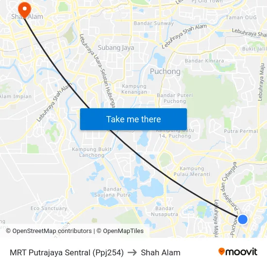 MRT Putrajaya Sentral (Ppj254) to Shah Alam map
