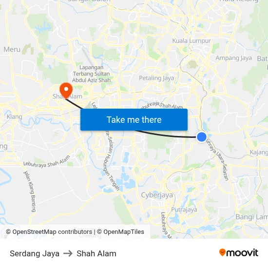 Serdang Jaya to Shah Alam map