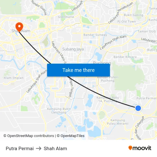 Putra Permai to Shah Alam map