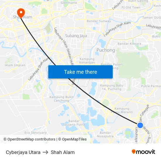 Cyberjaya Utara to Shah Alam map