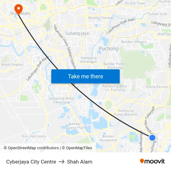 Cyberjaya City Centre to Shah Alam map