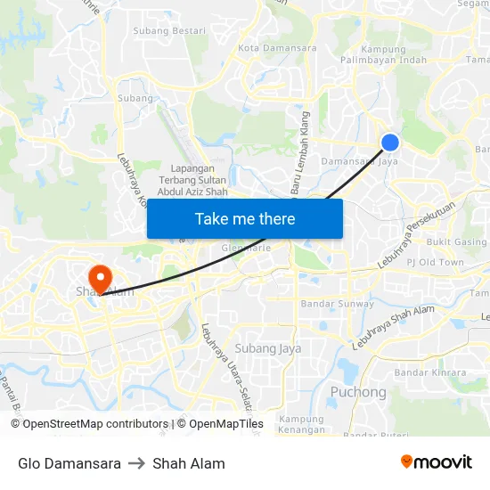 Glo Damansara to Shah Alam map