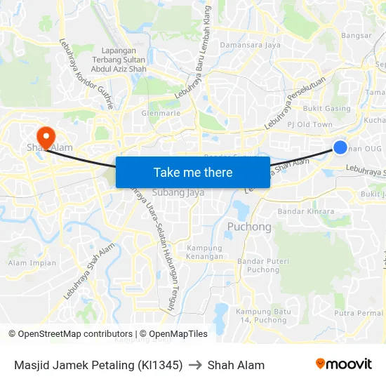 Masjid Jamek Petaling (Kl1345) to Shah Alam map