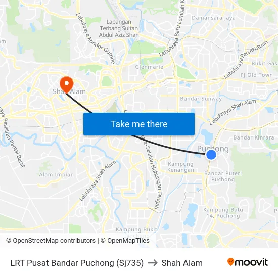 LRT Pusat Bandar Puchong (Sj735) to Shah Alam map