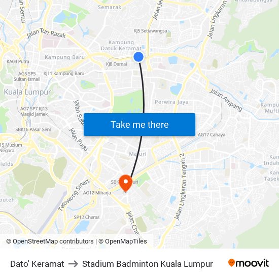 Dato' Keramat to Stadium Badminton Kuala Lumpur map